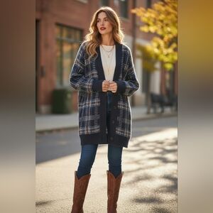 Biltmore Women's Long Sleeve Pleat Back Plaid Cardigan XL